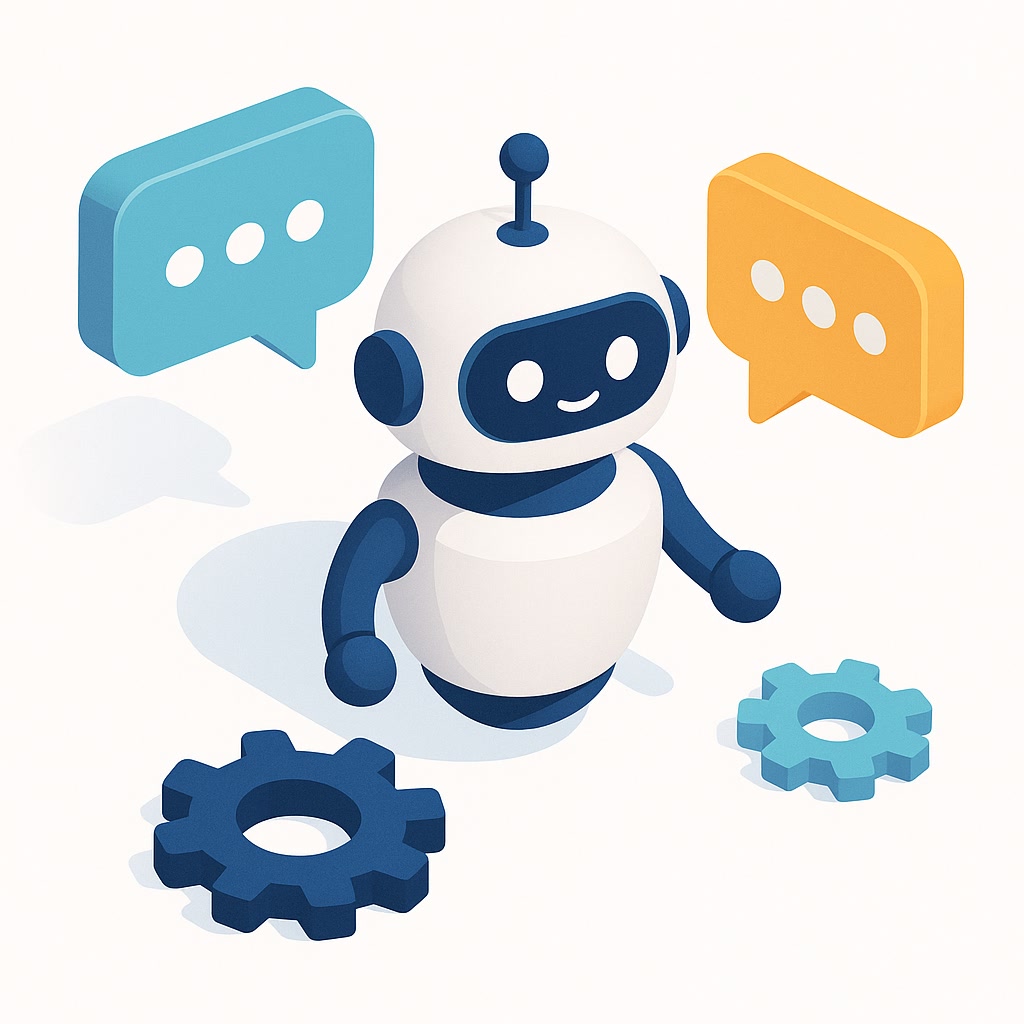 Bots und Automatisierung – freundlicher Roboter mit Chatfunktion und Zahnrädern