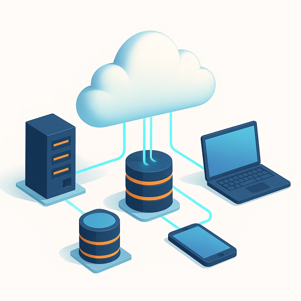 Cloud Computing – eine Cloud, die mit Servern und Geräten verbunden ist.