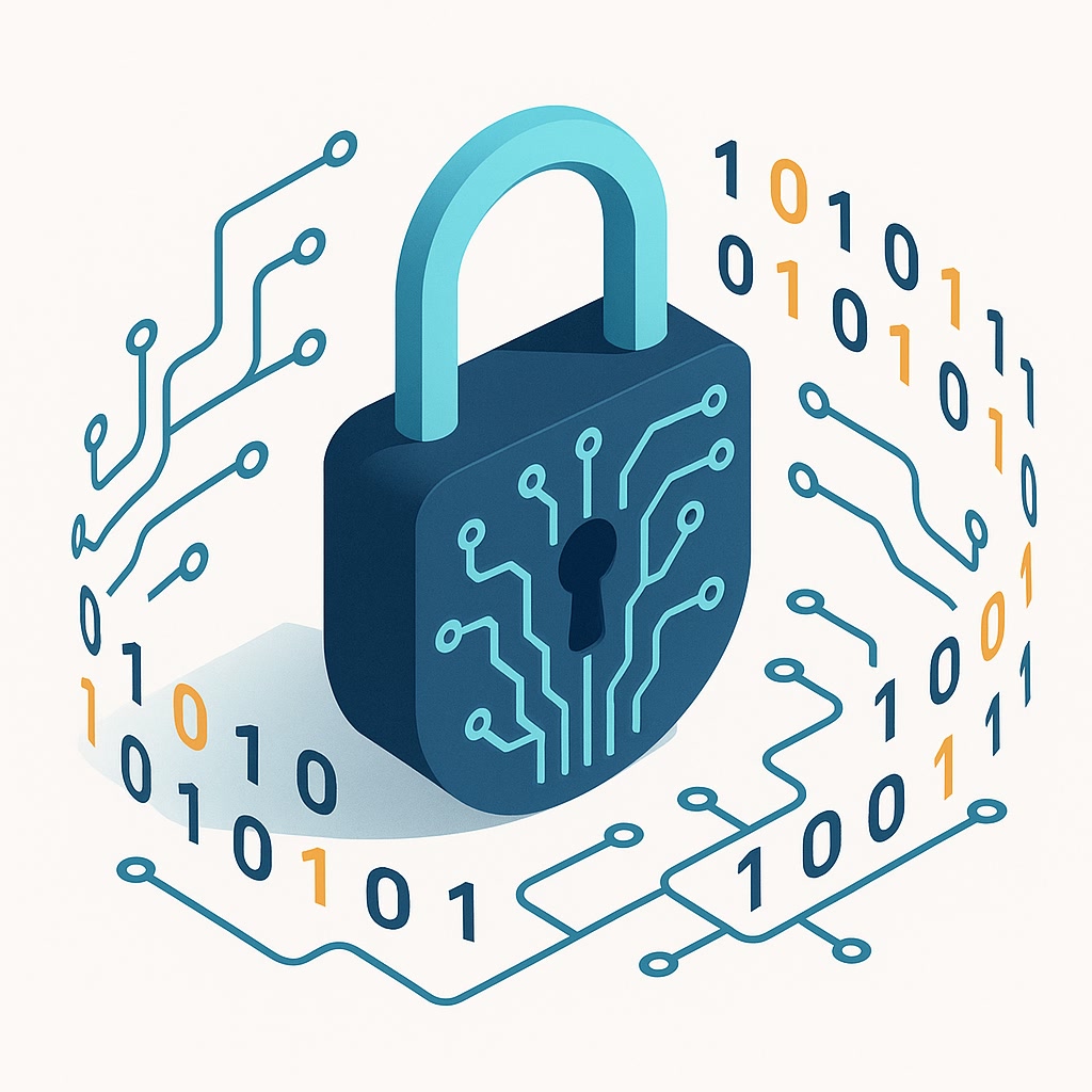 Digitale Kryptographie – Vorhängeschloss mit Schaltkreisen und Binärcode