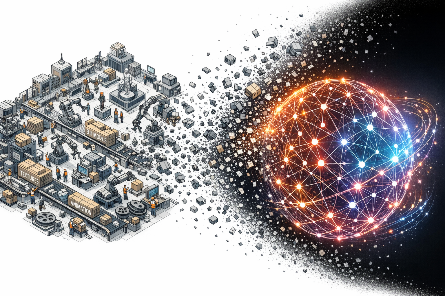 A fábrica de assets dissolvendo em uma rede neural