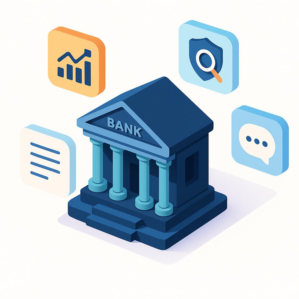 Gebruiksvoorbeelden van GenAI in de financiële sector - bank met pictogrammen voor kredietverlening, fraude, klantenservice en compliance.