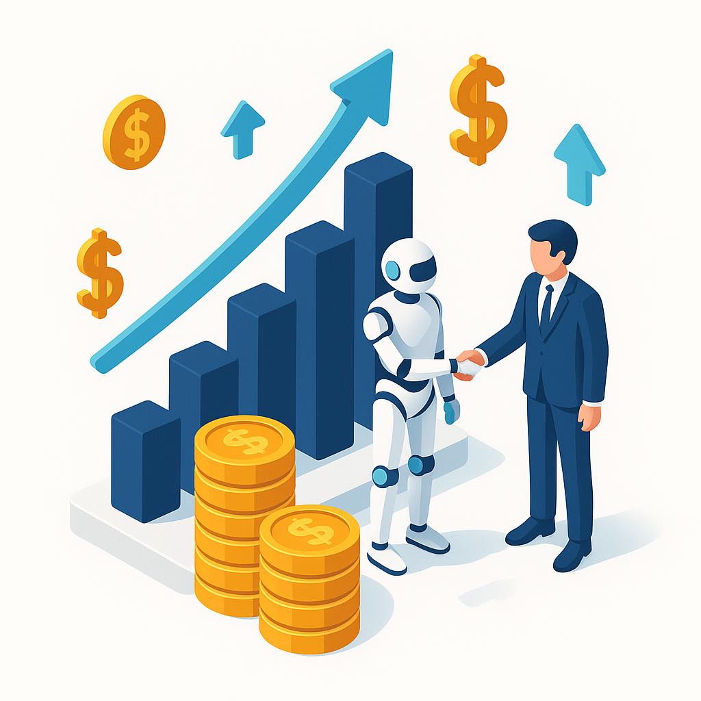 Bedrijfsresultaten - groeigrafiek, valuta's en de interactie tussen mens en AI.